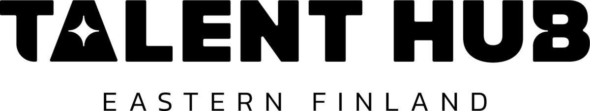Mustalla tekstillä varustetussa logossa lukee TALENT HUB ja A-kirjaimessa on tähti. Alla pienemmällä tekstillä lukee EASTERN FINLAND suuraakkosin.