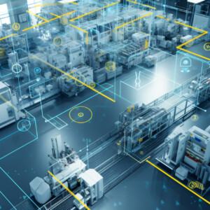 Nykyaikainen tehdaspohja, jossa on kehittyneitä koneita, robotiikkaa ja digitaalisia päällekkäisyyksiä, jotka kuvaavat dataa, automaatiota ja toisiinsa kytkettyjä järjestelmiä ja jotka kuvastavat älykästä valmistusta tai teollisuus 4.0 -ympäristöä.