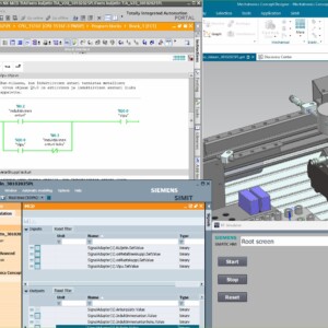Tietokoneen näytöllä näkyy useita suunnitteluohjelmiston ikkunoita, kuten PLC-ohjelmointikoodi, simulointiohjaukset, projektin navigointipaneelit ja 3D-konemallin visualisointi.