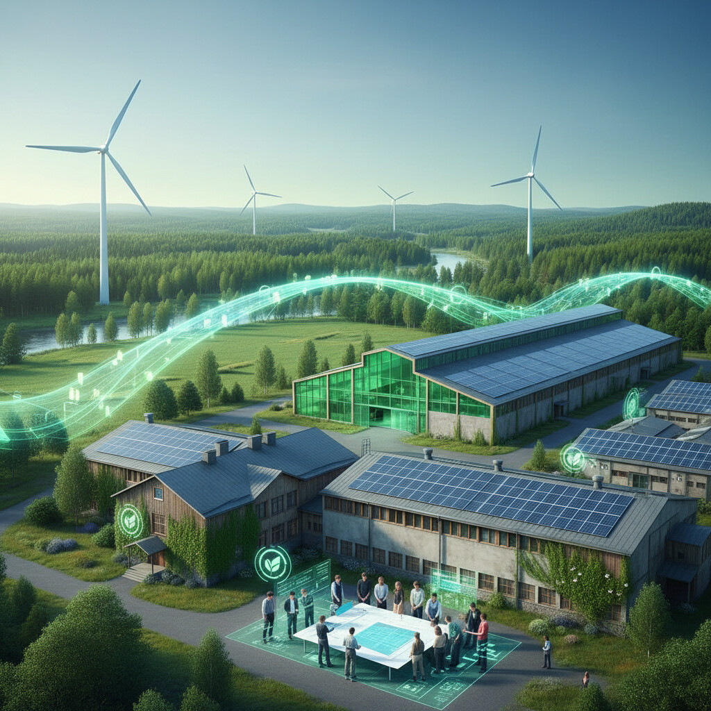 Ryhmä ihmisiä kokoontuu pöydän ääreen aurinkopaneeleilla varustettujen rakennusten ulkopuolella, tuuliturbiinien ja viheralueiden ympäröimänä. Digitaaliset energiasymbolit ja -viivat havainnollistavat uusiutuvaa energiaa ja älykkään teknologian integrointia.