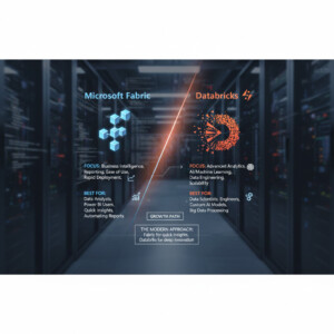 Kuva, jossa verrataan Microsoft Fabricia ja Databrickiä palvelinhuoneessa. Microsoft Fabric keskittyy liiketoimintatietoihin ja käyttäjäkokemukseen, Databricks keskittyy kehittyneeseen analytiikkaan ja tietotekniikkaan. Kasvupolku yhdistää molemmat.