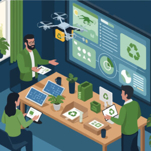 Modernissa toimistossa kolme ihmistä keskustelee kierrätyksestä ja kestävästä kehityksestä digitaalisten näyttöjen, kaavioiden, lennokin ja ympäristöystävällisten materiaalien avulla kasvien ja aurinkopaneelien ympäröimänä.