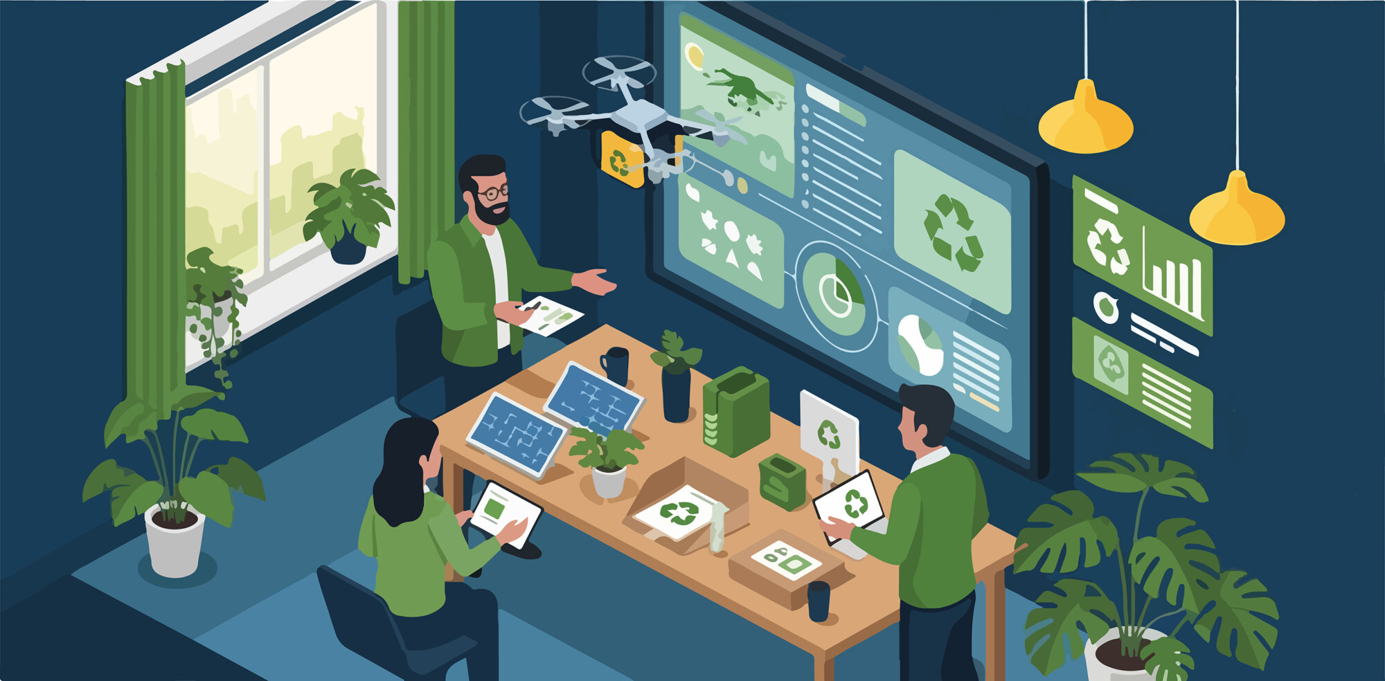 Modernissa toimistossa kolme ihmistä keskustelee kierrätyksestä ja kestävästä kehityksestä digitaalisten näyttöjen, kaavioiden, lennokin ja ympäristöystävällisten materiaalien avulla kasvien ja aurinkopaneelien ympäröimänä.
