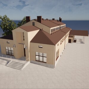 3D-enderöity kuva beigestä kaksikerroksisesta rakennuksesta, jossa on ruskea katto, suuret ikkunat, luiska ja portaat sisäänkäynnin luona sekä puita taustalla kirkkaalla taivaalla.