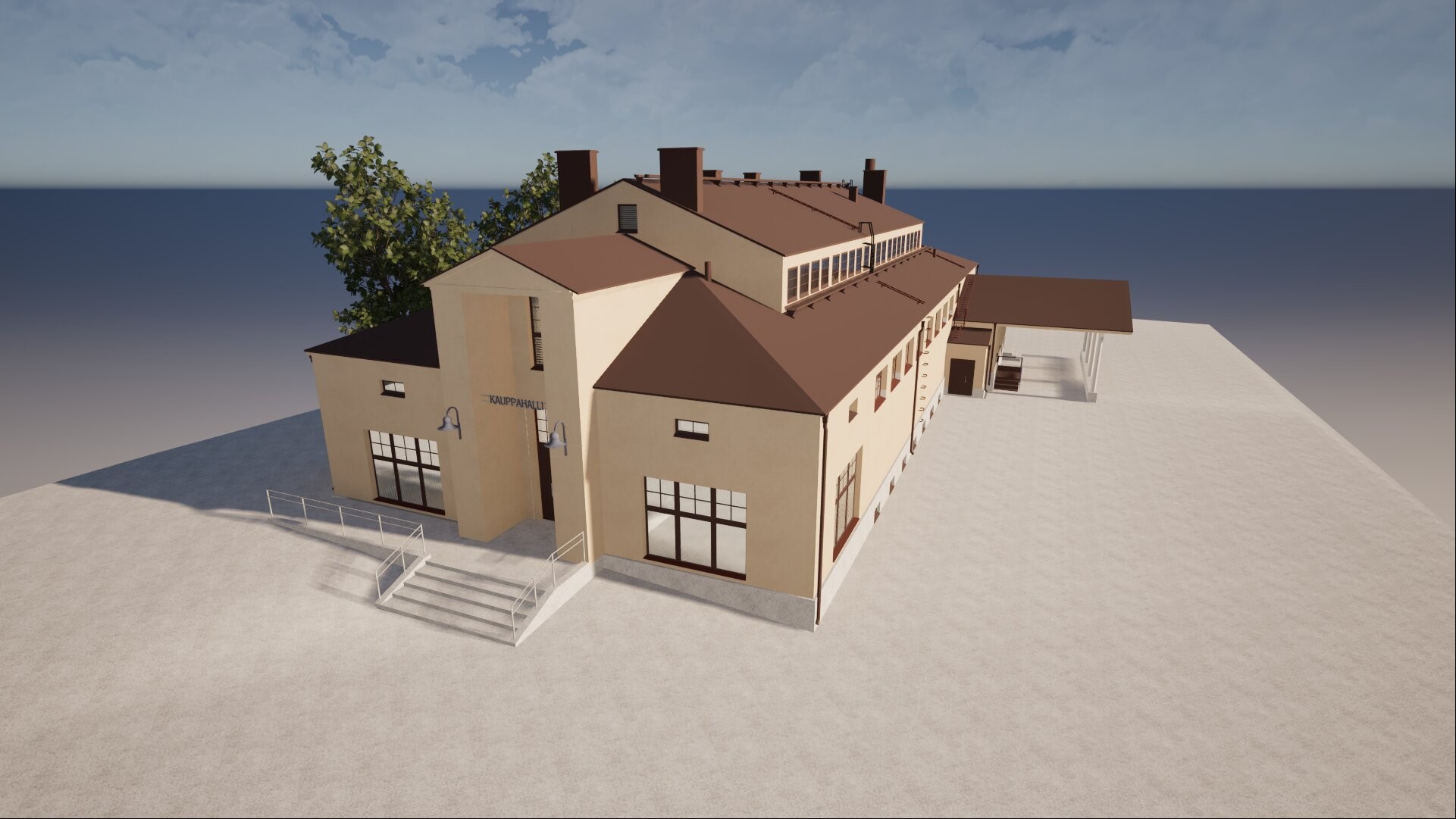 3D-enderöity kuva beigestä kaksikerroksisesta rakennuksesta, jossa on ruskea katto, suuret ikkunat, luiska ja portaat sisäänkäynnin luona sekä puita taustalla kirkkaalla taivaalla.