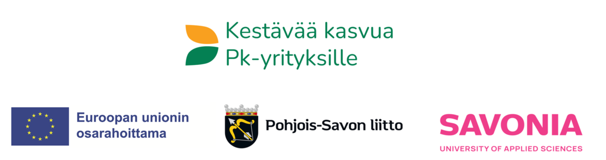 Kestävää kasvua Pk-yrityksille" -logot lehtigrafiikalla. Alla Euroopan unionin, Pohjois-Savon liiton ja Savonia-ammattikorkeakoulun logot.