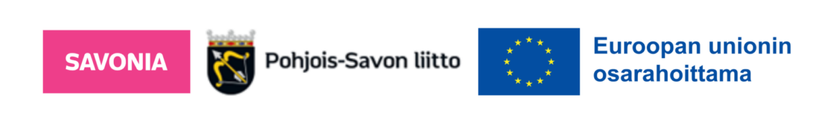 Savonia-ammattikorkeakoulun logot (vaaleanpunainen tausta), Pohjois-Savon liitto (maakuntavaakuna) ja Euroopan unioni (EU-lippu) suomenkielisellä tekstillä: Euroopan unionin osarahoittama.