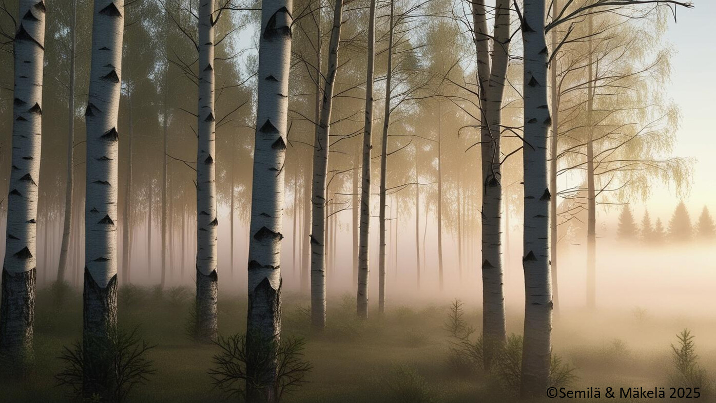 Seesteinen koivumetsä auringonnousun aikaan, kun auringonvalo virtaa korkeiden puiden läpi ja sumu leijuu vihreän metsänpohjan yllä. Nuoret taimet ja varjot lisäävät syvyyttä ja luovat rauhallisen, eteerisen tunnelman.