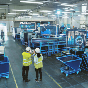 Kaksi turvaliiviin ja kypärään pukeutunutta ihmistä seisoo modernissa tehtaassa katselemassa digitaalisia näyttöjä ja kehittyneitä koneita, joissa sininen hologrammi korostaa älykkään teknologian integrointia.