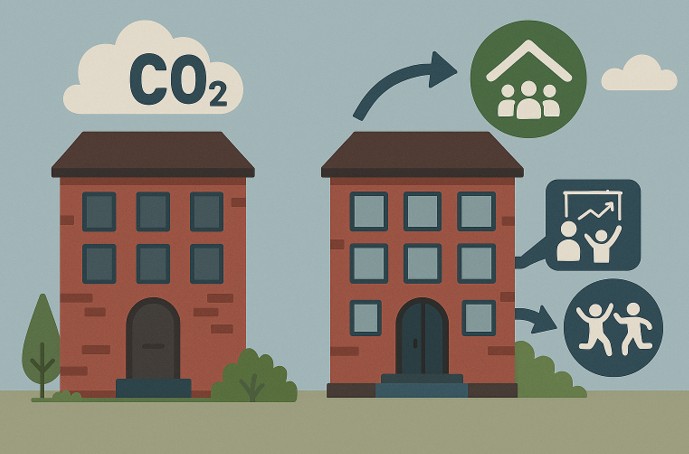 Kaksi tiilirakennusta vierekkäin; vasemmanpuoleisen yläpuolella on CO2-pilvi, kun taas oikeanpuoleisen yläpuolella on kuvakkeita, jotka kuvaavat yhteisöä, yhteistyötä ja kasvua, ja nuolet yhdistävät ne rakennukseen. Etualalla on puita.