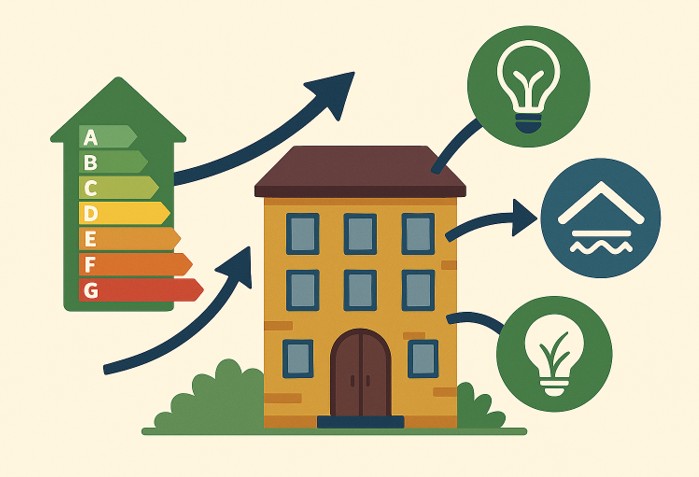 Rakennuksen kuvitus, jossa nuolet osoittavat energiatehokkuuden kuvakkeisiin: hehkulamppu, eristys ja toinen hehkulamppu. Ylöspäin osoittava nuoli ja värikoodattu energialuokitustaulukko, jossa on merkintä A-G, korostavat energiatehokkuuden parantamista.