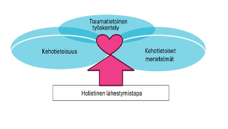 Kaavio, jossa on päällekkäiset siniset soikiot, joihin on merkitty Kehotietoisuus ja Kehotietoiset menetelmät, keskellä sydän, johon on merkitty Traumatietoinen työskentely, vaaleanpunaisen nuolen yläpuolella on merkitty Holistinen lähestymistapa.