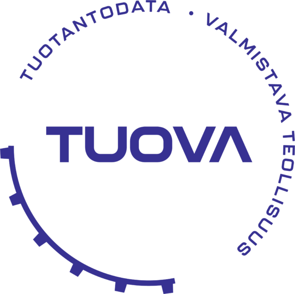 Sininen pyöreä logo, jonka keskellä on sana TUOVA. Yläreunassa lukee TUOTANTODATA - VALMISTAVA TEOLLISUUS. Vasemmassa alareunassa on segmentoitu hammaspyöräkuvio.