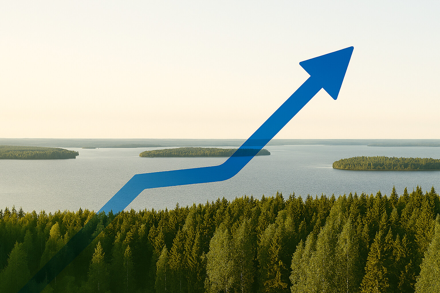 Sininen ylöspäin osoittava nuolikaavio on sijoitettu metsän ja järven maisemakuvan päälle, mikä symboloi kasvua tai edistystä luonnonympäristössä.