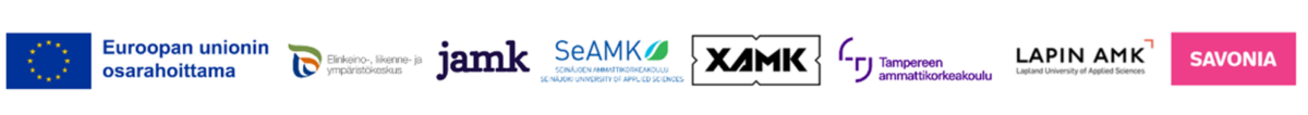 Rivi logoja: Euroopan Unioni, ELY-keskus, JAMK, SeAMK, XAMK, Tampereen Ammattikorkeakoulu, Lapin AMK ja Savonia, jotka edustavat eri koulutus- ja viranomaisorganisaatioita.