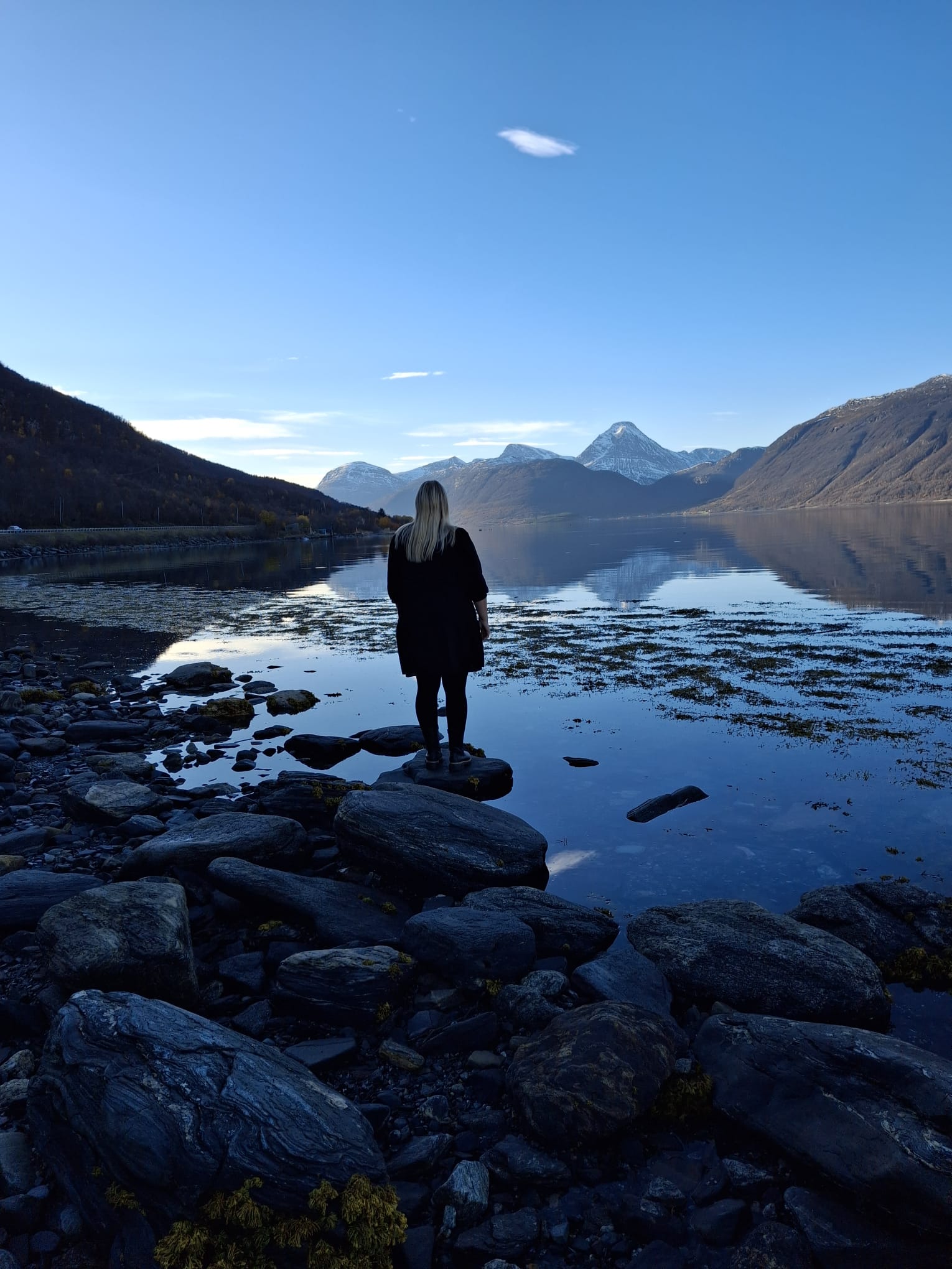 Mustaan takkiin pukeutunut, pitkät vaaleat hiukset omaava henkilö seisoo kivikkoisella maalla vuorten ympäröimän rauhallisen järven rannalla kirkkaansinisen taivaan alla. Näkymä on rauhallinen ja luonnonkaunis.