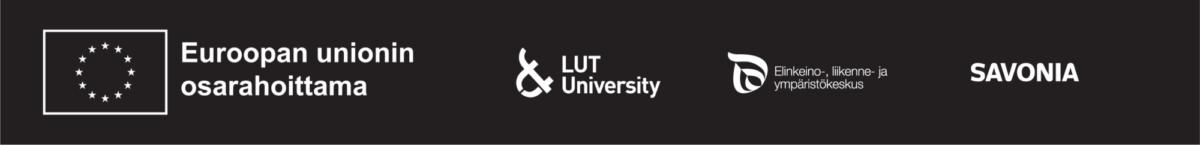 Musta banneri, jossa on Euroopan unionin lippu ja teksti, LUT-yliopiston logo, Etelä-Savon logo suomenkielisellä tekstillä ja SAVONIA-logo, kaikki valkoisella.
