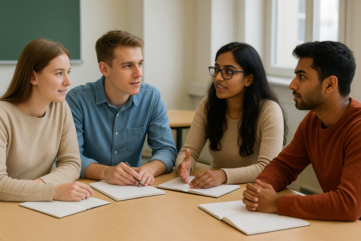 Neljä opiskelijaa istuu luokkahuoneessa pöydän ääressä keskustelemassa. Heillä on muistikirjat auki edessään, ja he näyttävät tekevän yhteistyötä tai opiskelevan yhdessä.