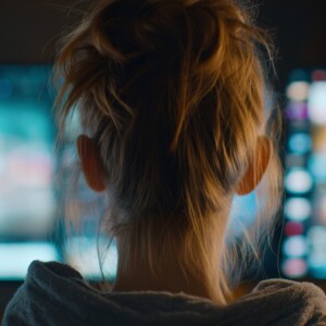 Vaaleanruskeat hiukset omaava henkilö istuu takaapäin katsottuna useiden kirkkaasti valaistujen tietokonenäyttöjen edessä, jotka näyttävät värikästä sisältöä hämärässä huoneessa.