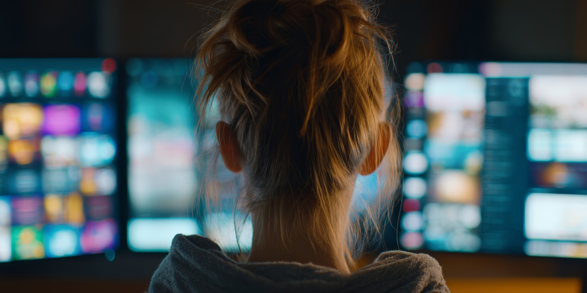 Vaaleanruskeat hiukset omaava henkilö istuu takaapäin katsottuna useiden kirkkaasti valaistujen tietokonenäyttöjen edessä, jotka näyttävät värikästä sisältöä hämärässä huoneessa.