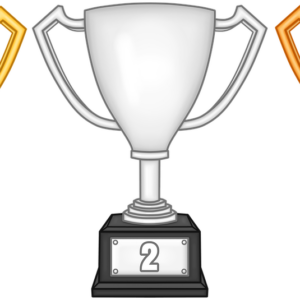 Kuvassa on kolme pokaalia: kultainen pokaali 1, hopeinen pokaali 2 ja pronssinen pokaali 3, joista jokainen on mustalla alustalla ja edustaa ensimmäistä, toista ja kolmatta sijaa.