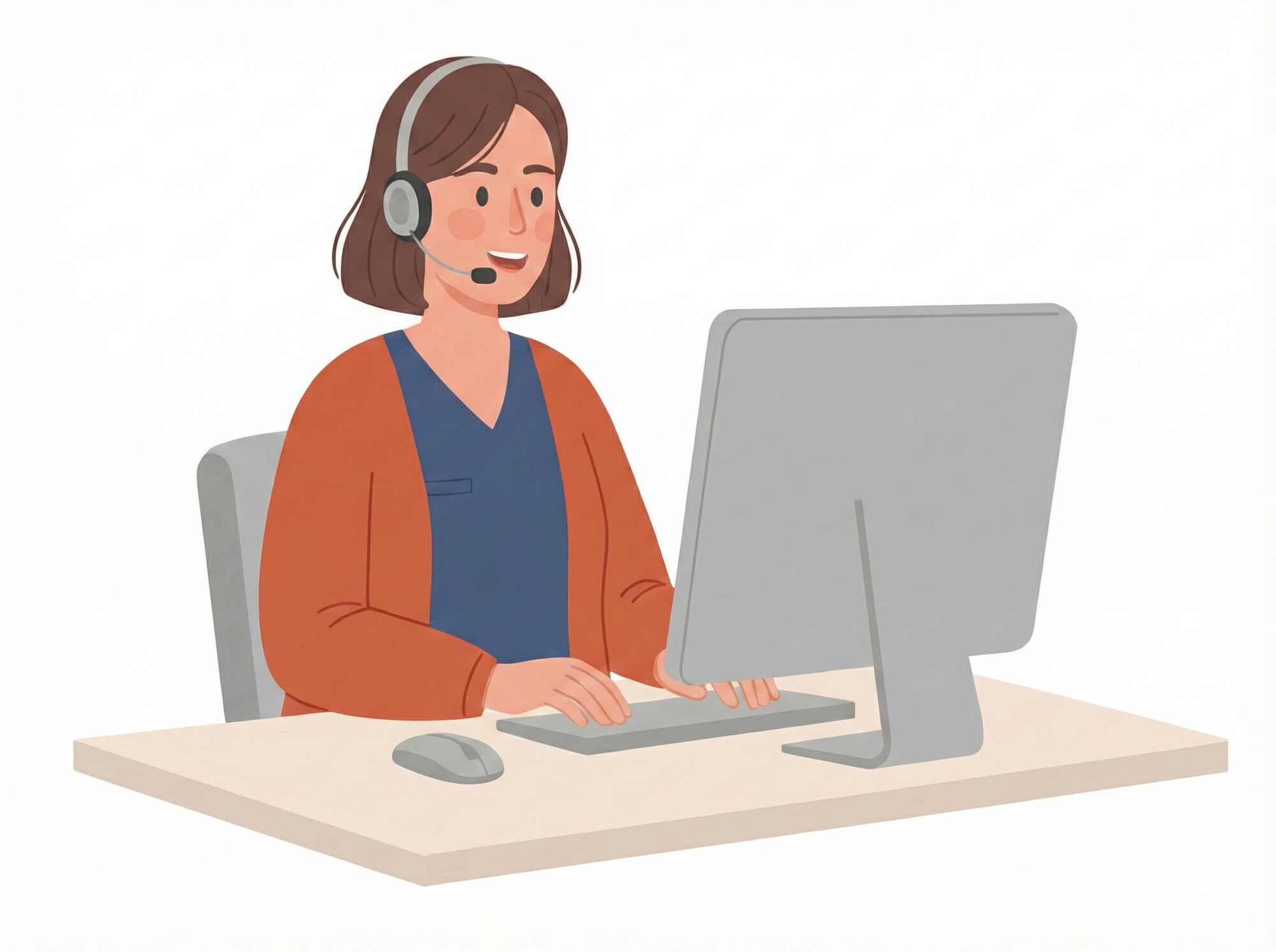 Kuvituskuva naisesta, jolla on ruskeat hiukset, päällään kuulokkeet ja punainen villatakki, istuu työpöydän ääressä ja käyttää pöytätietokonetta, jossa on hiiri ja näppäimistö. Nainen hymyilee ja näyttää työskentelevän.