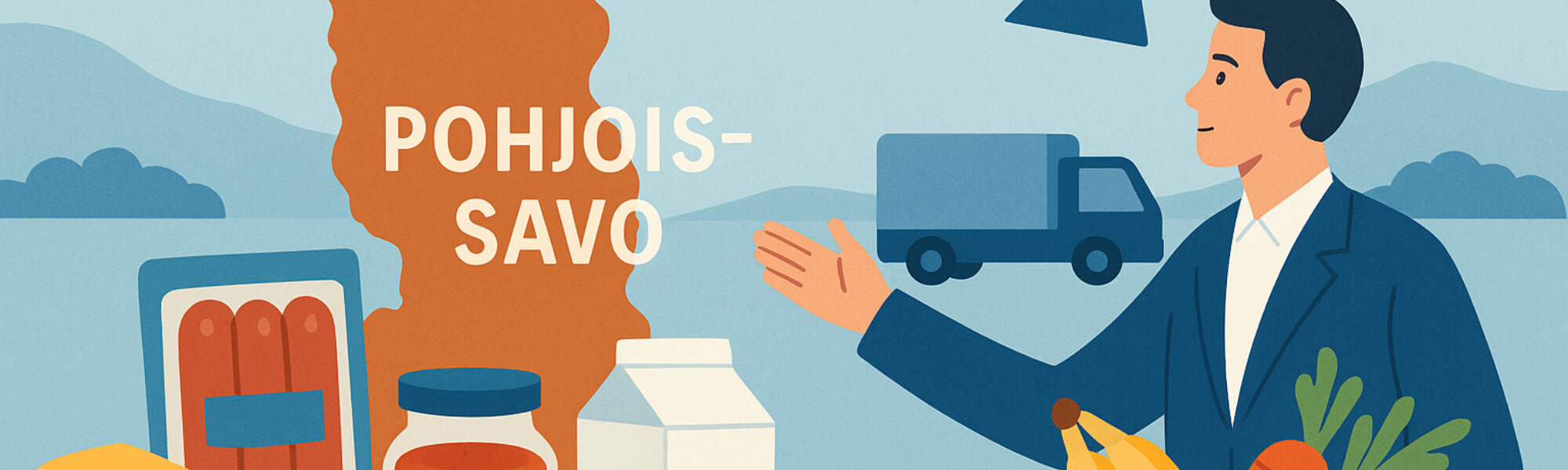 Kuvituskuva, jossa pukumies osoittaa elein erilaisia elintarvikkeita, kuten makkaraa, hilloa, maitoa ja hedelmiä, taustalla kuorma-auto ja teksti POHJOIS-SAVO. Myös vuoria ja peltoja on näkyvissä.