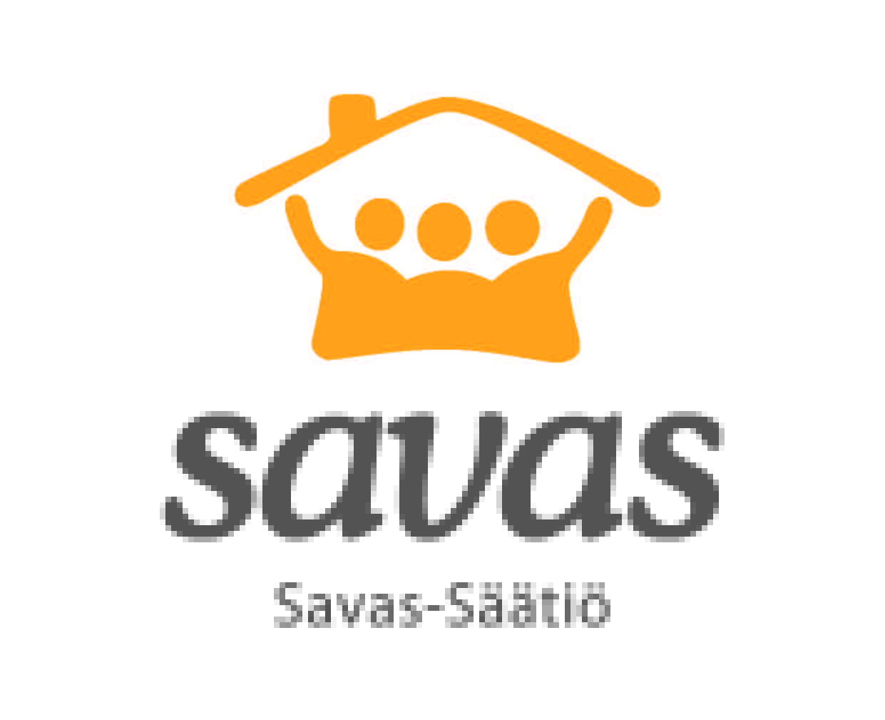 Logo, jossa on oranssi graafinen kuva kolmesta hahmosta katon alla, yläpuolella sana savas lihavoidulla harmaalla tekstillä ja alapuolella Savas-Säätiö pienemmällä harmaalla tekstillä.
