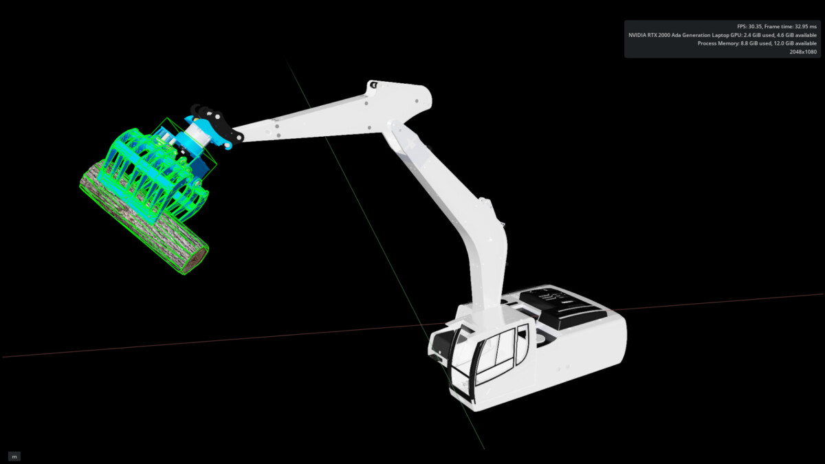3D-malli valkoisesta hydraulisesta kaivinkoneesta, jonka käsivarsi on ojennettu ja jossa on vihreä ja sininen verkkoesine, mustalla pohjalla. Tekniset tiedot näkyvät oikeassa yläkulmassa.
