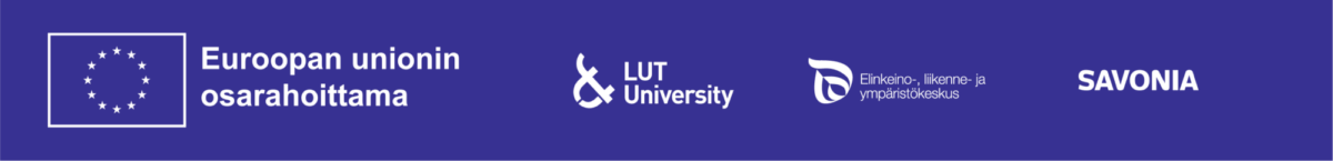 Sininen banderolli, jossa Euroopan unionin lippu, suomenkielinen teksti Euroopan unionin osarahoittama sekä LUT-yliopiston, ELY-keskuksen ja Savonian logot.