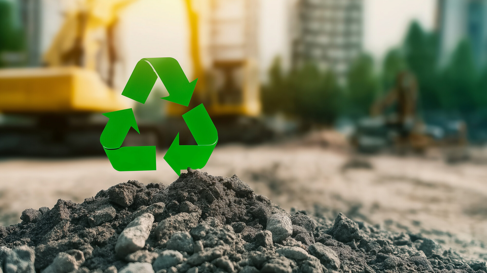 Vihreä kierrätyssymboli seisoo rakennustyömaan maakasan päällä, ja taustalla on epäselviä kaivinkoneita ja rakennuksia, jotka edustavat kierrätystä tai kestävyyttä rakentamisessa.