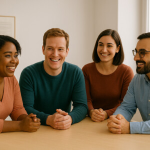 Neljä ihmistä istuu pöydän ympärillä hymyillen ja kameraan päin katsoen. Kaksi naista ja kaksi miestä, kaikki rennosti pukeutuneita, vaikuttavat rennoilta ja ystävällisiltä valoisassa, modernissa huoneessa.