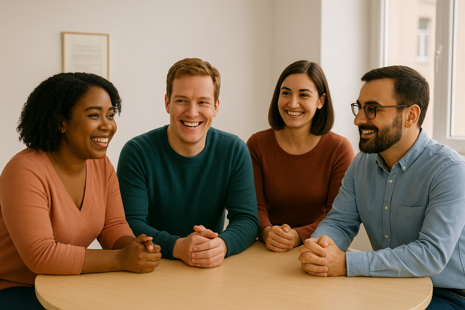 Neljä ihmistä istuu pöydän ympärillä hymyillen ja kameraan päin katsoen. Kaksi naista ja kaksi miestä, kaikki rennosti pukeutuneita, vaikuttavat rennoilta ja ystävällisiltä valoisassa, modernissa huoneessa.