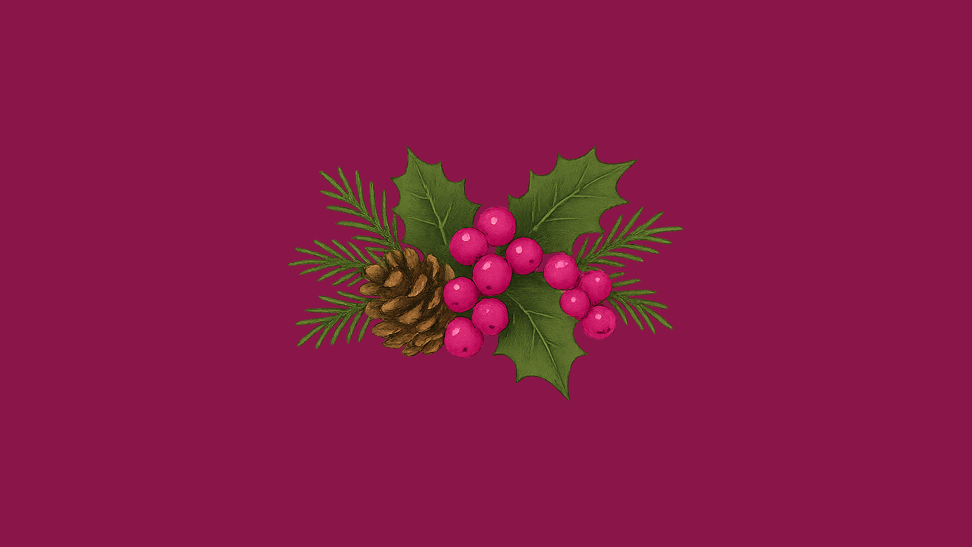 Kuvitus, jossa männyn oksat, vihreät joulupukin lehdet, punaiset marjat ja ruskea käpy on järjestetty yhteen ruskealla taustalla.