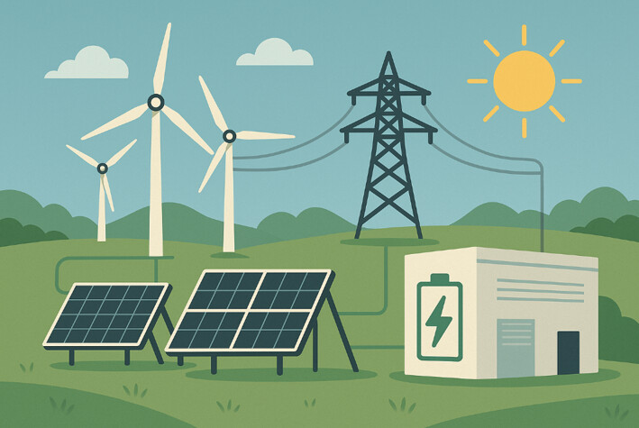Kuvituskuva sähköä tuottavista tuulivoimaloista ja aurinkopaneeleista, jotka on kytketty johdoilla sähköverkon torniin ja rakennukseen, jossa on akkusymboli, vihreässä maisemassa aurinkoisella taivaalla.