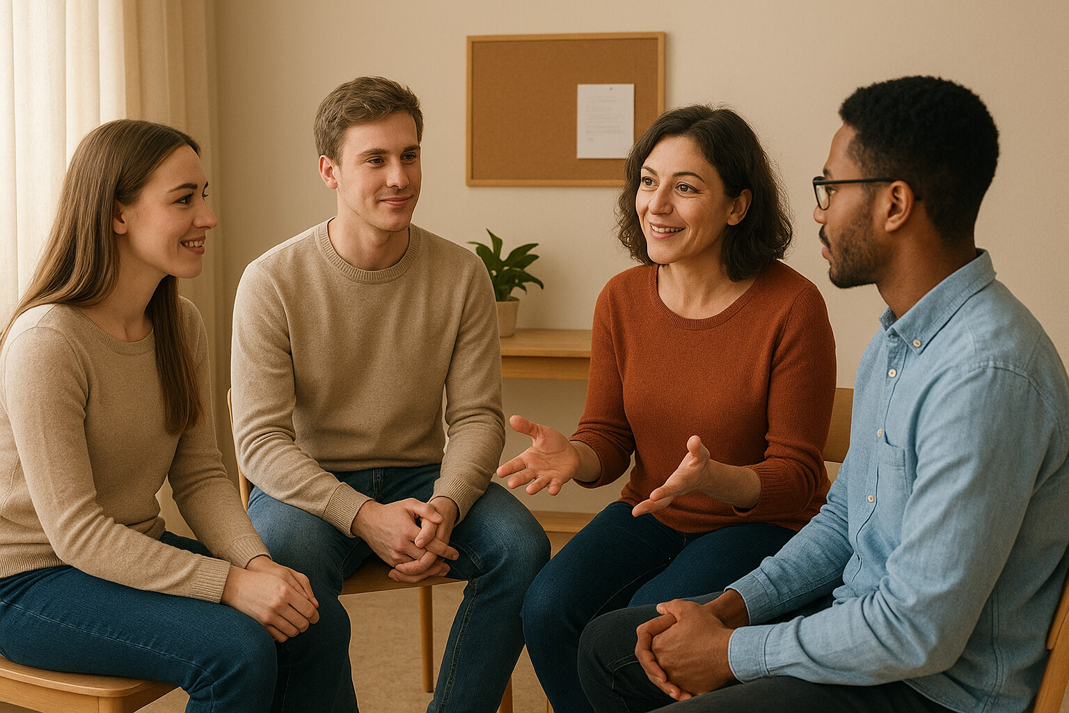 Neljä ihmistä istuu piirissä sisätiloissa keskustellen. He vaikuttavat rentoilta, hymyileviltä ja keskittyneiltä toisiinsa, mikä viittaa ystävälliseen keskusteluun tai tukiryhmän kokoukseen. Taustalla näkyy korkkitaulu ja kasvi.