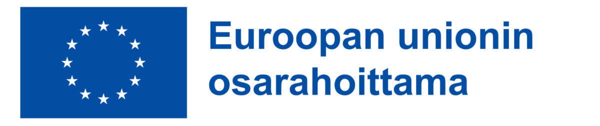 Sininen lippu, jossa on valkoisten tähtien ympyrä ja suomenkielinen teksti Euroopan unionin osarahoittama, joka tarkoittaa Euroopan unionin osarahoittamaa.