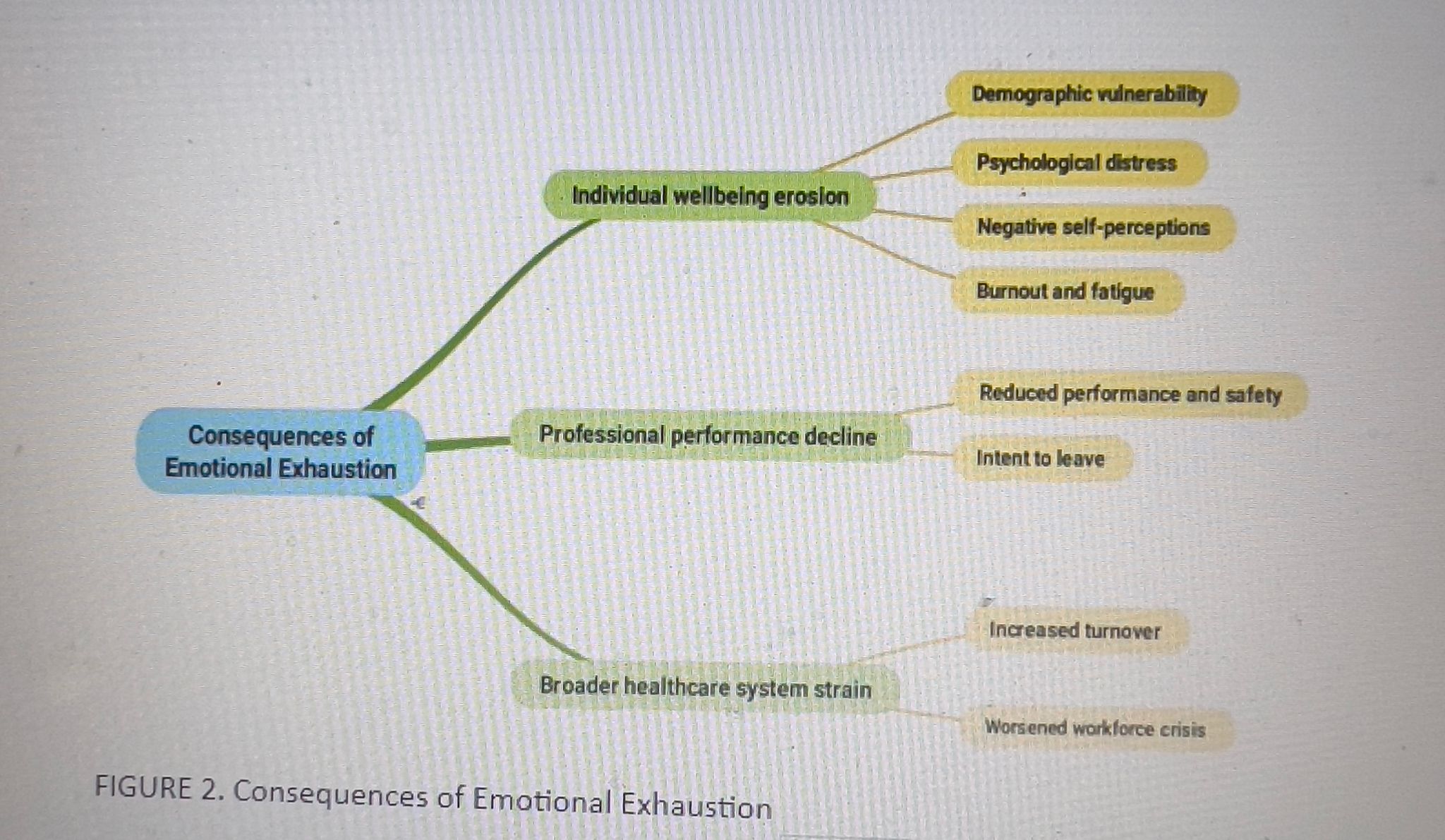 Miellekartta nimeltä Consequences of Emotional Exhaustion (Emotionaalisen uupumuksen seuraukset) haarautuu yksilölliseen hyvinvoinnin heikkenemiseen, ammatillisen suorituskyvyn heikkenemiseen ja laajempaan terveydenhuoltojärjestelmän rasitukseen, joista jokaisessa on lueteltu niihin liittyvät kielteiset seuraukset.