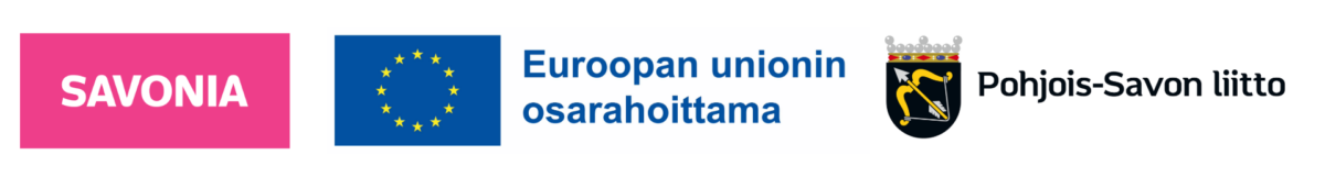 Neljä logoa peräkkäin: Savonia valkoisena vaaleanpunaisella pohjalla, EU:n lippu, suomenkielinen teksti Euroopan unionin osarahoittama ja mustakeltainen vaakuna, jossa on Pohjois-Savon liitto.