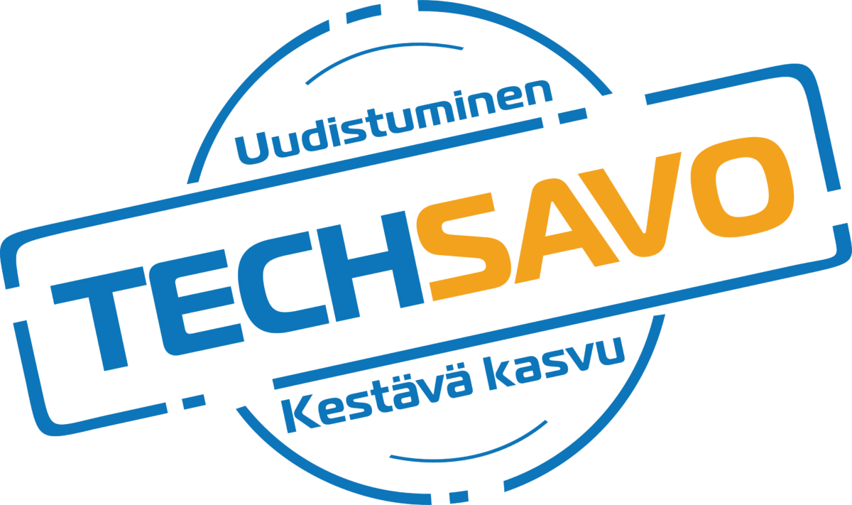 Sininen ja oranssi ympyränmuotoinen logo, jossa on suomeksi sanat Uudistuminen, TECHSAVO ja Kestävä kasvu, ja TECHSAVO näkyvästi esillä sinisellä ja oranssilla tekstillä.