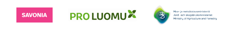 Savonian (valkoinen teksti vaaleanpunaisella), Pro Luomun (vihreä teksti vihreällä X:llä) ja Suomen maa- ja metsätalousministeriön (sininen ja vihreä tunnus kaksikielisellä tekstillä) logot valkoisella pohjalla.