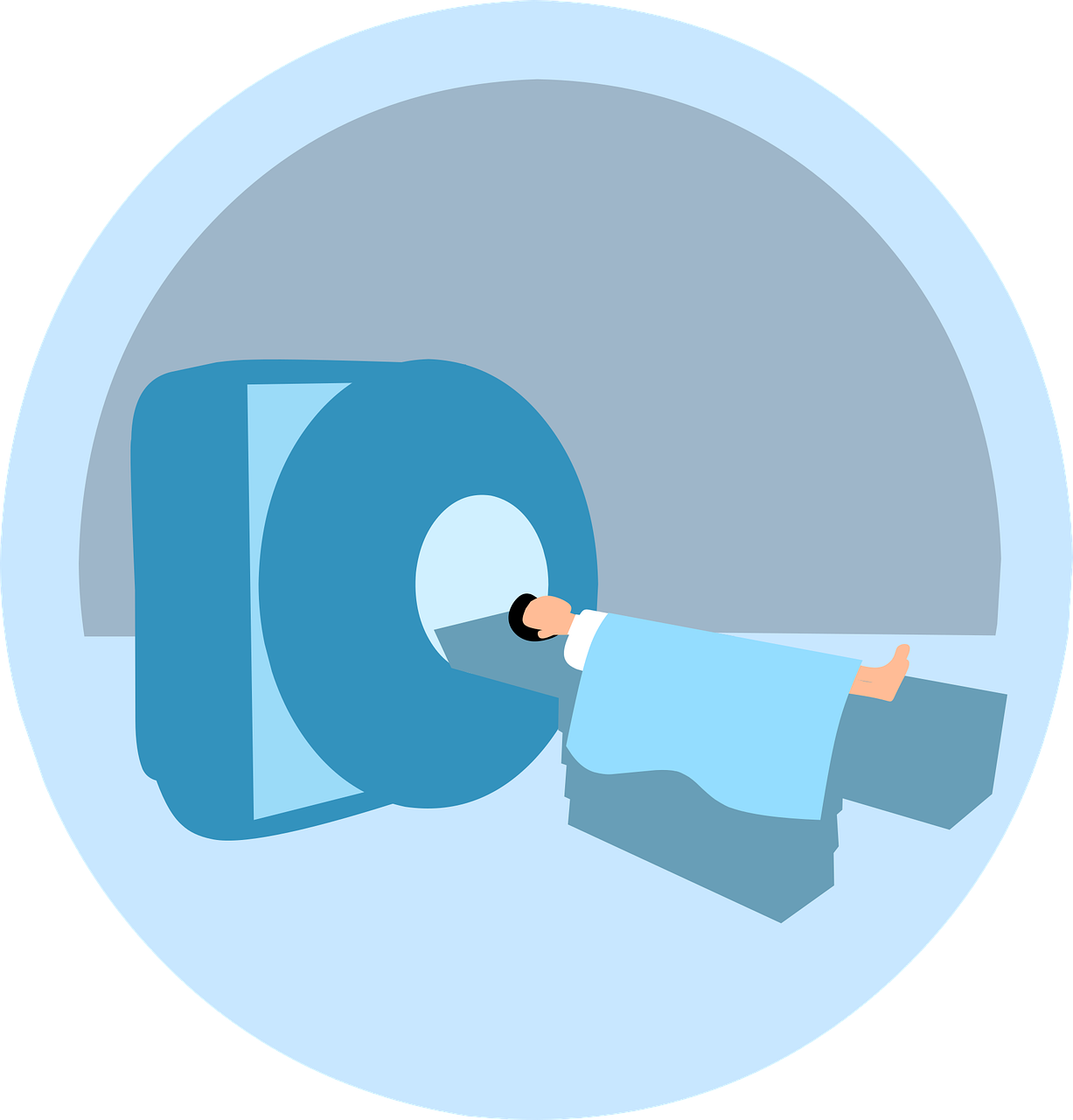 Kuvituskuva henkilöstä, joka makaa pöydällä, osittain suuressa, pyöreässä magneettikuvaus- tai tietokonetomografiakuvauslaitteessa, peitettynä vaaleansinisellä peitteellä, lääketieteellisessä kuvantamisympäristössä.