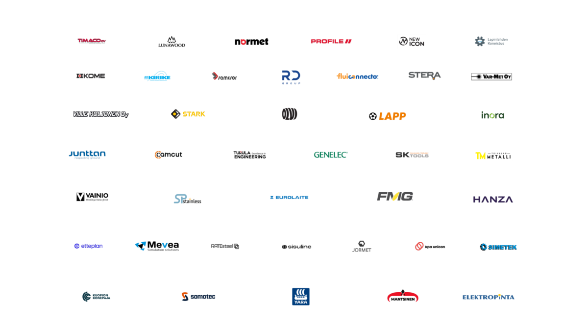 Valkoisella taustalla näkyy ruudukko, jossa on useita eri yritysten logoja, joilla kaikilla on omat värinsä ja typografiansa ja jotka on järjestetty useisiin riveihin ja sarakkeisiin.