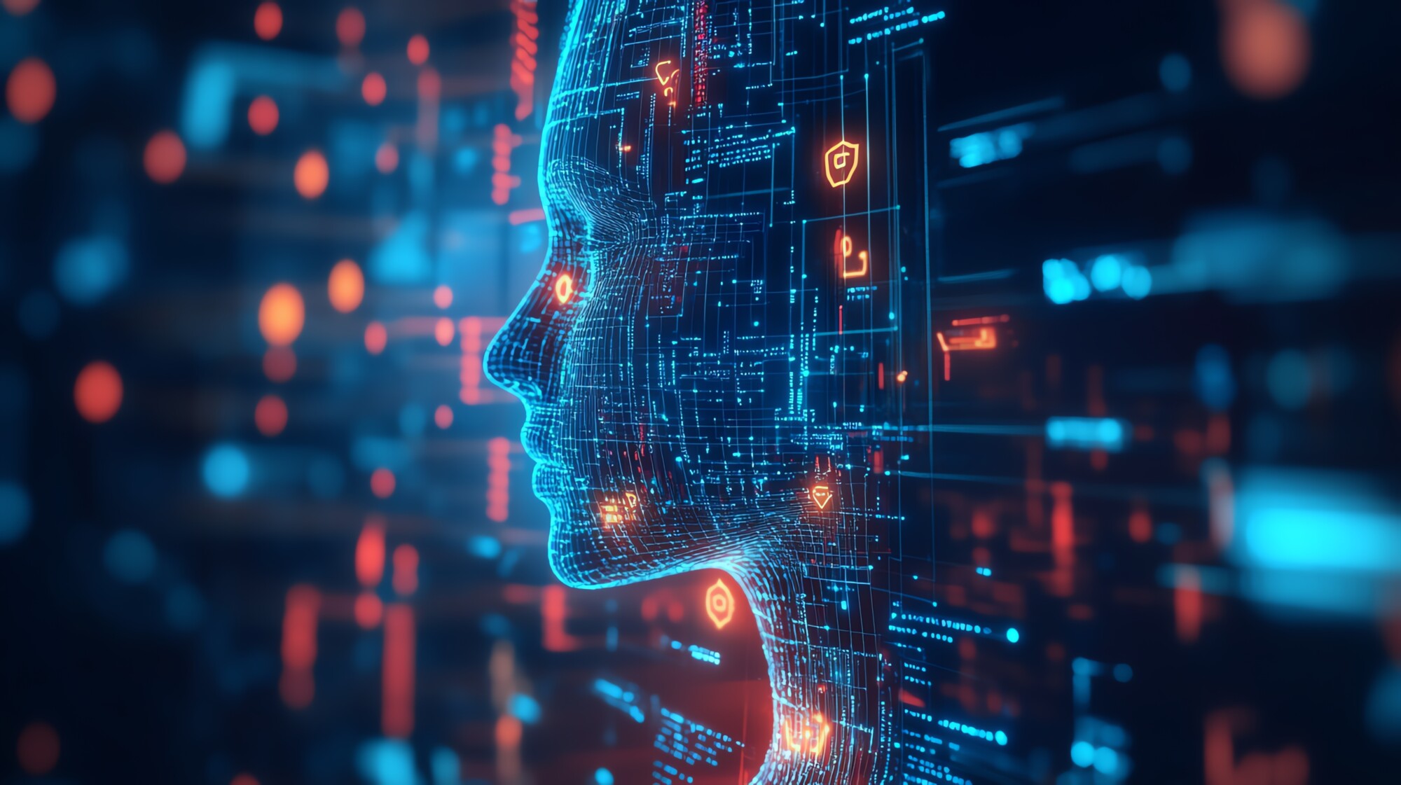 Digitaalinen kuvitus ihmisen pääprofiilista, joka koostuu hehkuvista sinisistä ja oransseista piirimäisistä viivoista ja datasymboleista, jotka edustavat tekoälyä ja teknologian integrointia.