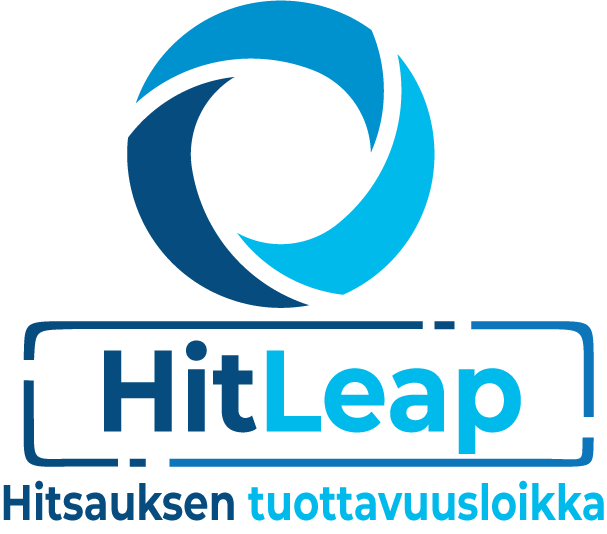 Logo, jossa on sininen pyöreä pyörre lihavoitu teksti HitLeap, Hit tummansinisellä ja Leap vaaleansinisellä. Alla on suomenkielinen teksti: Hitsauksen tuottavuusloikka.
