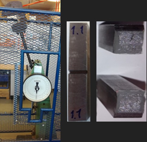 Vasemmalla näkyy mittatikulla varustettu iskunkestävyyskoelaite sinisen metalliverkon takana, ja oikealla on lähikuvia metallinäytteestä ennen murtumista ja sen jälkeen, merkinnällä "1.1.".