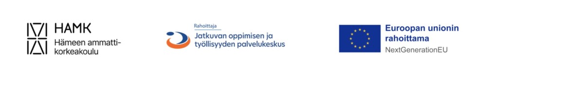 Kolme logoa peräkkäin: Hämeen ammattikorkeakoulu (HAMK) vasemmalla, Jatkuvan oppimisen ja työllisyyden palvelukeskus keskellä ja Euroopan unioni NextGenerationEU oikealla.