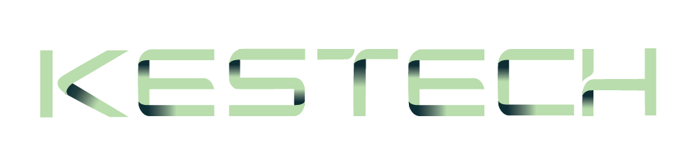 Sana KESTECH on kirjoitettu modernilla, geometrisella fontilla, jossa on vaaleanvihreä väritys ja hienovarainen varjostus. Kirjaimet ovat tasaisin välein ja niissä on kulmikkaita, tyyliteltyjä leikkauksia.