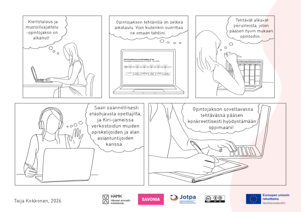 Sarjakuvamainen kuvitus esittää opiskelijaa, joka opiskelee kannettavan tietokoneen, kalenterin, kuulokkeiden ja muistikirjan kanssa. Puhekuplat kuvaavat joustavia verkkokursseja, selkeitä tehtäväaikatauluja, opettajan tukea ja tietojen soveltamista tosielämän tilanteisiin.