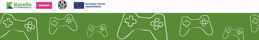 Vihreä banneri, jossa on valkoiset peliohjainten ääriviivat. Vasemmassa yläkulmassa näkyvät Karjalan Ammattikorkeakoulun, Savonia ja Euroopan unionin logot.